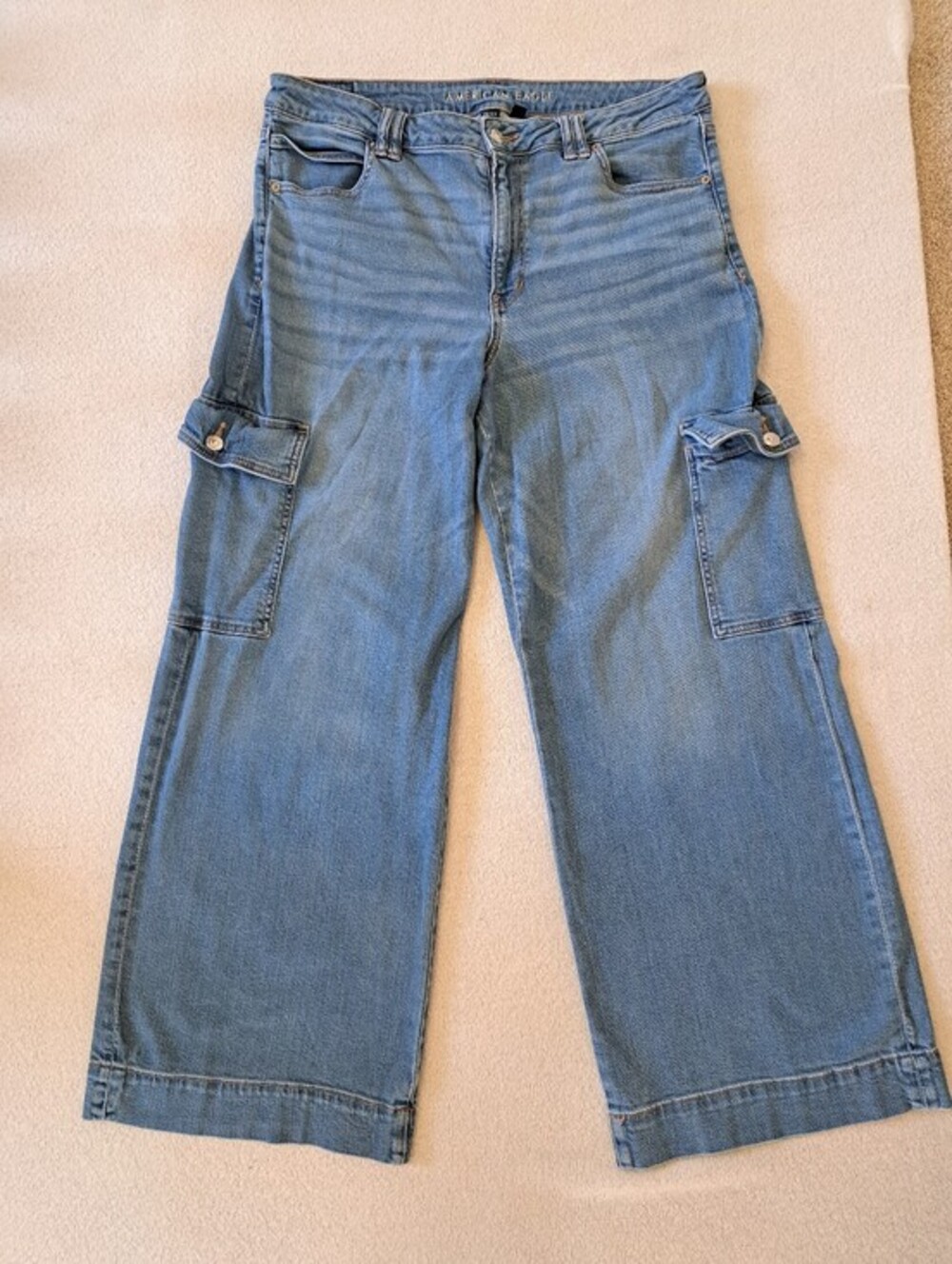 American Eagle Jeans Super High Rise Baggy Wide Leg Denim Cargo Size 16 Blue